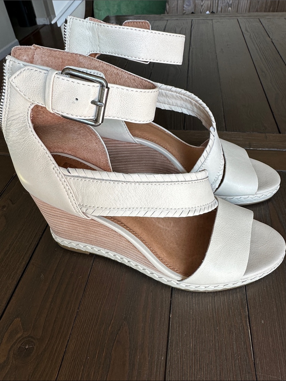 Frye Cream Leather Ankle-Strap Wedge Sandals